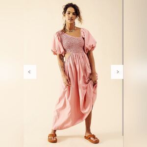 Free People Women’s XS Kalina Pink Midi Puff Sleeve Sundress